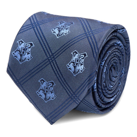 Harry Potter Hogwarts Crest Blue Plaid Silk Tie - GeekCore