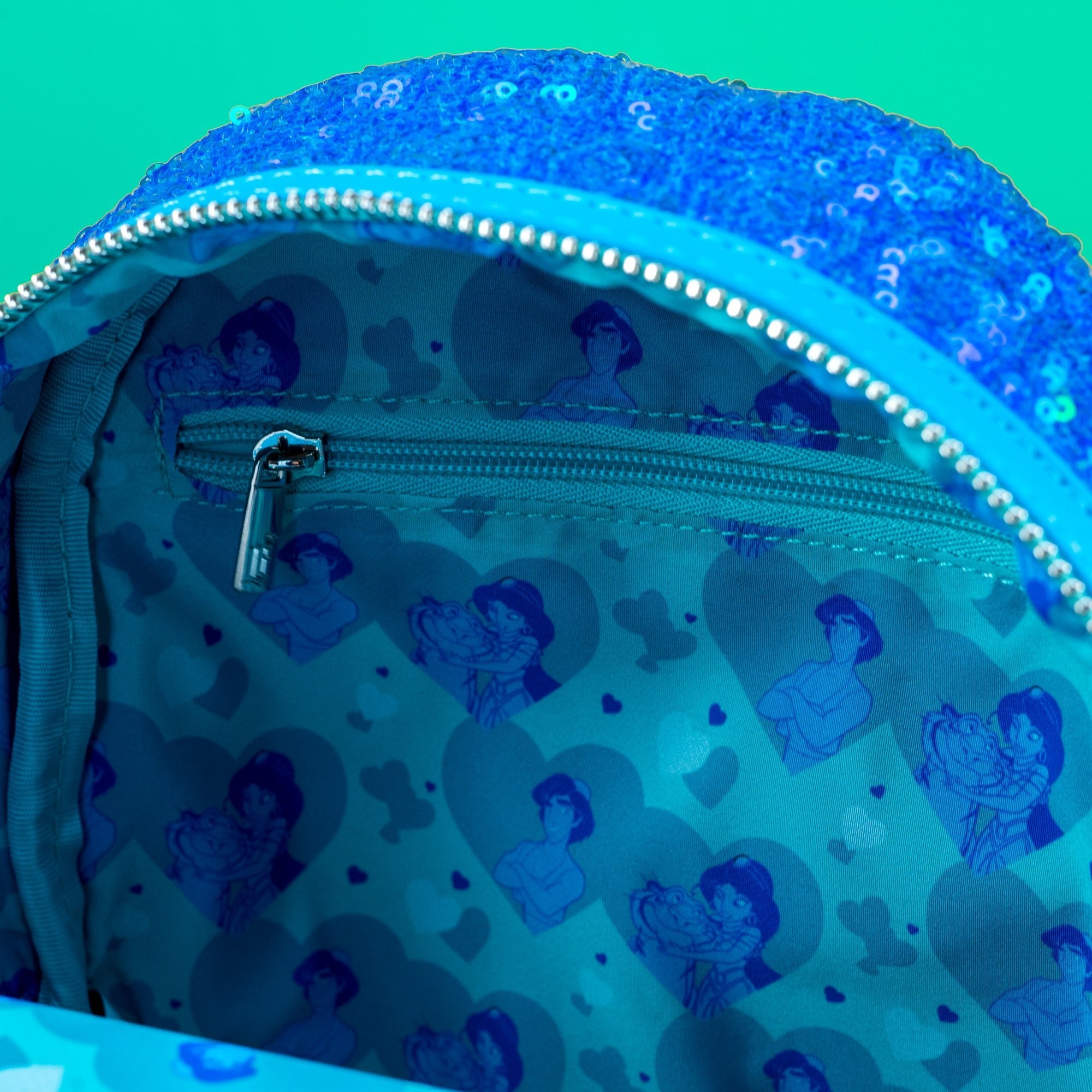 Loungefly x Disney Aladdin, Jasmine and Rajah Blue Sequin Mini Backpack - GeekCore