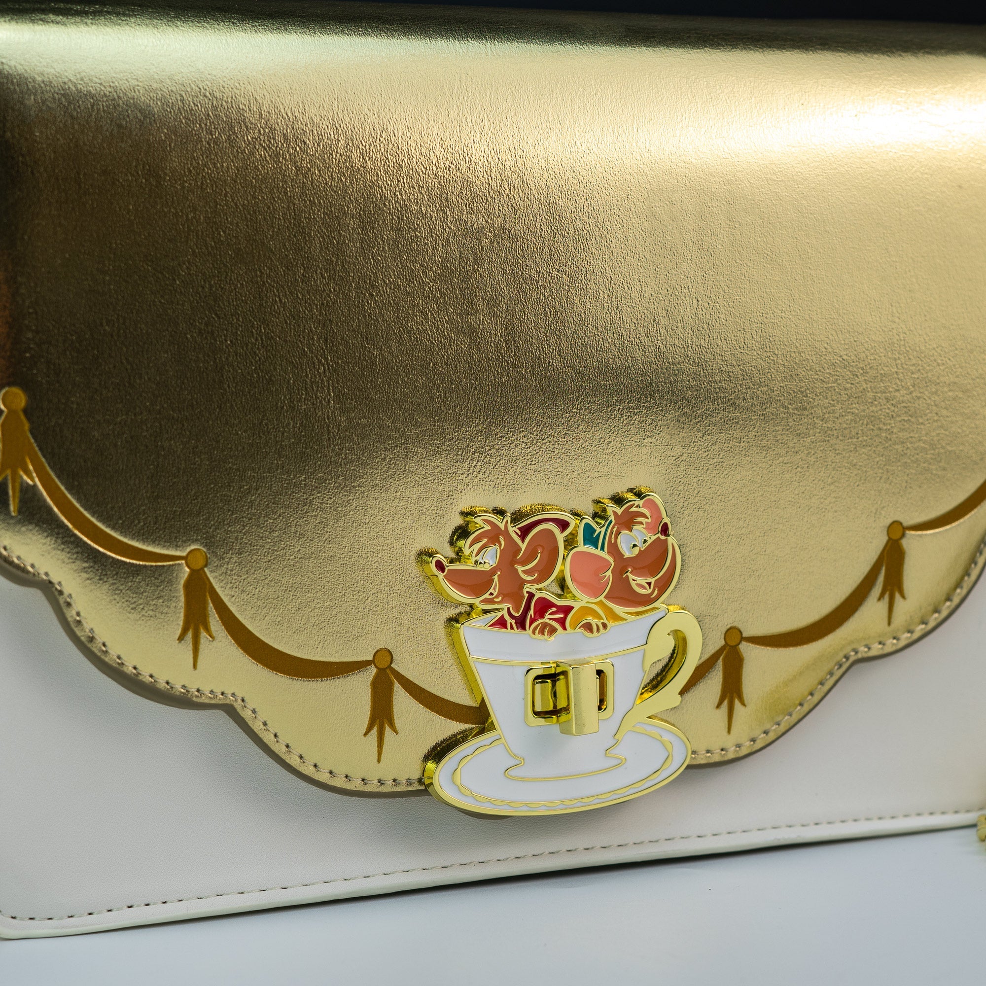 Loungefly x Disney Cinderella Lucifer Jaq and Gus Teacup Gold Foil Crossbody Bag - GeekCore