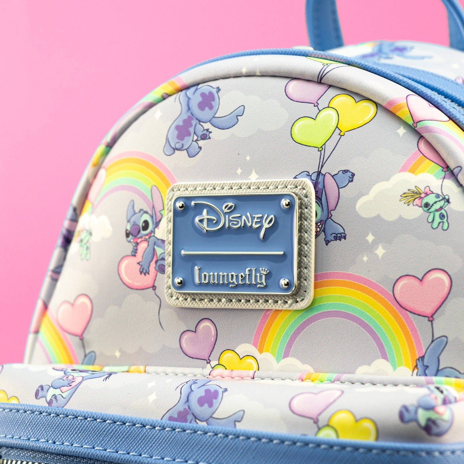 Loungefly x Disney Stitch Rainbows and Heart Balloons All Over Print Mini Backpack - GeekCore