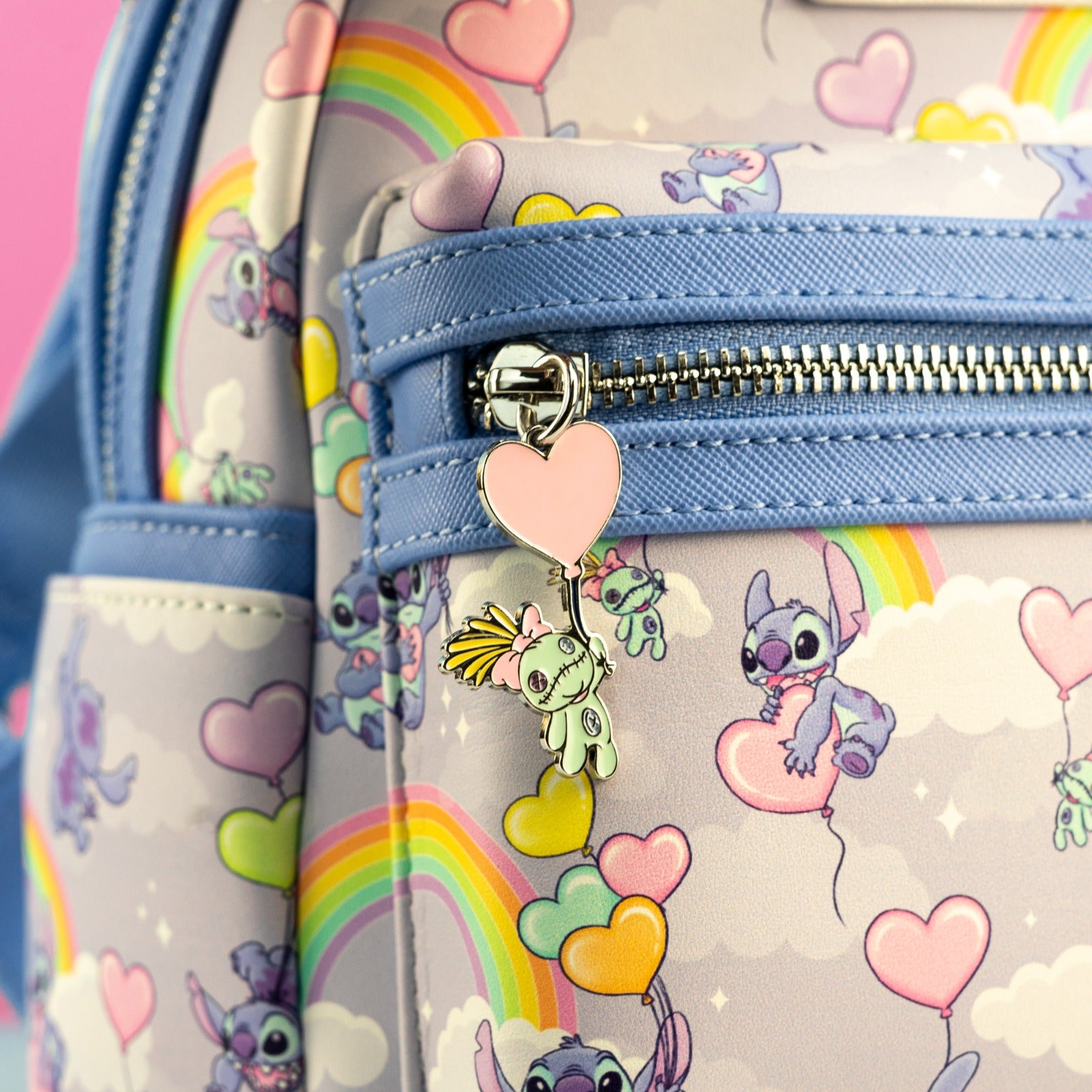 Loungefly x Disney Stitch Rainbows and Heart Balloons All Over Print Mini Backpack - GeekCore